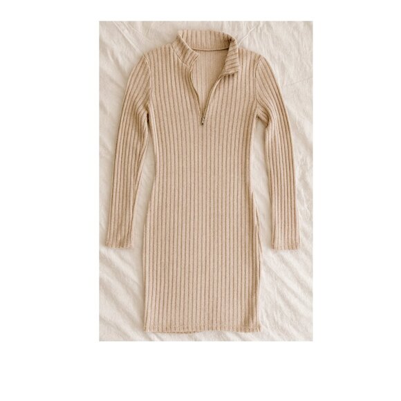 Beige Ribbed Knit Half-Zip Sweater Dress – Long Sleeve Casual/Chic - Picture 1 of 1